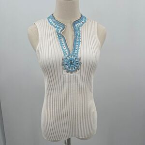 Belldini  womans top large turquoise beaded neckline sleeveless white ribbed
